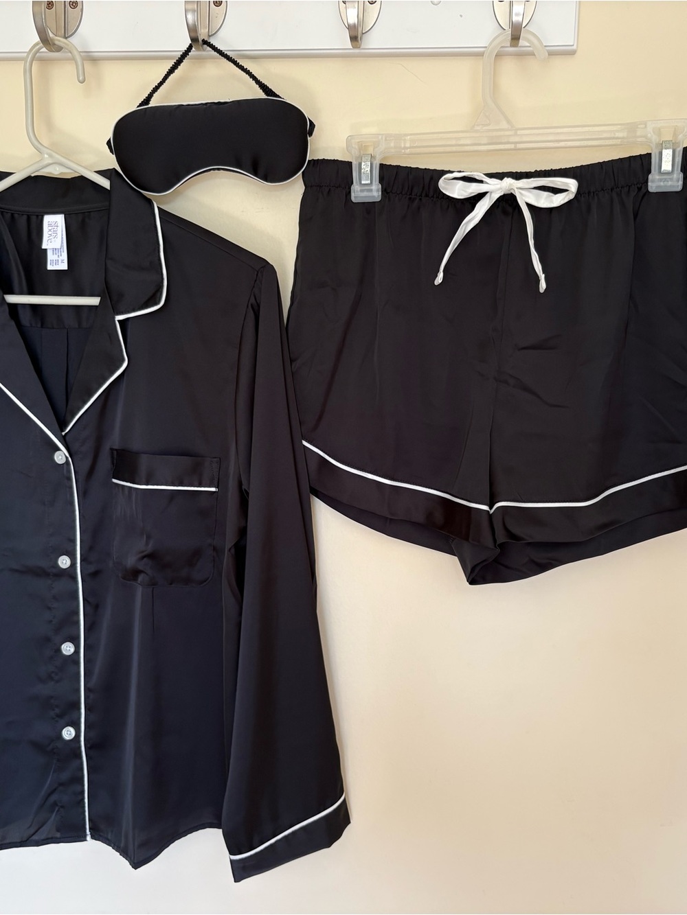 stars above Black Satin Pajama Set with White Piping and Eye Mask